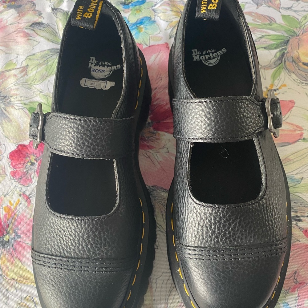 Dr. Martens Black Textured Leather Mary Jane Shoes with Yellow Stitching